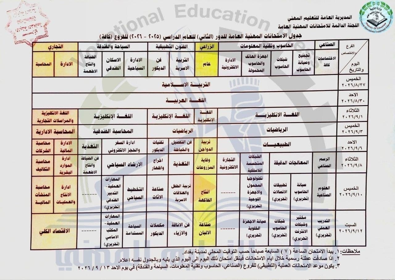 التربية تنشر جدول الامتحانات المهنية العامة /الدور الثاني للعام الدراسي (2025–2026)